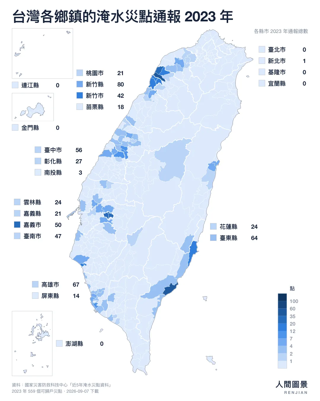 2023 年台灣各鄉鎮淹水災點通報地圖,新竹、臺東、臺中各自零星,沒有集中區